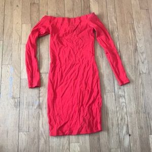 Red rubbed off the shoulder dress